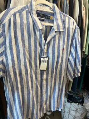 Polo by Ralph Lauren Blue & White Vertical Stripe Short Sleeve Shirt